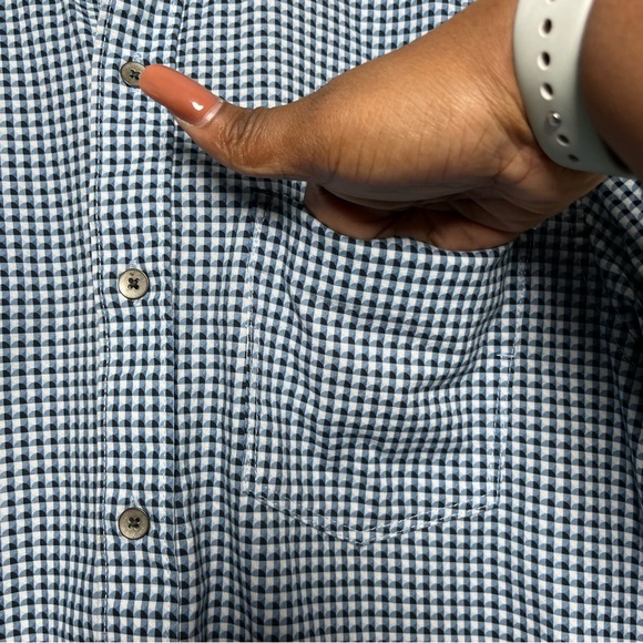 WRK Men Shirt Small Blue Gingham Plaid Geometric Long Sleeve Reworked Pocket - Picture 3 of 10